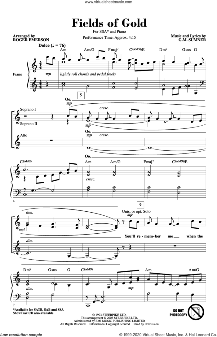 Fields Of Gold (arr. Roger Emerson) sheet music for choir (SSA: soprano, alto) by Eva Cassidy, Roger Emerson, Sting and G. M. Sumner, intermediate skill level