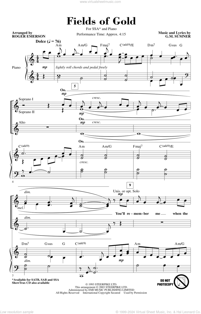 Fields Of Gold (arr. Roger Emerson) sheet music for choir (SSA: soprano, alto) by Eva Cassidy, Roger Emerson, Sting and G. M. Sumner, intermediate skill level