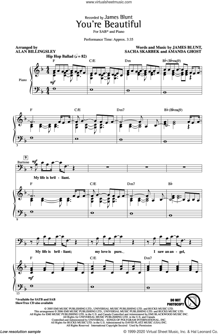 You're Beautiful (arr. Alan Billingsley) sheet music for choir (SAB: soprano, alto, bass) by James Blunt, Alan Billingsley, Amanda Ghost and Sacha Skarbek, intermediate skill level
