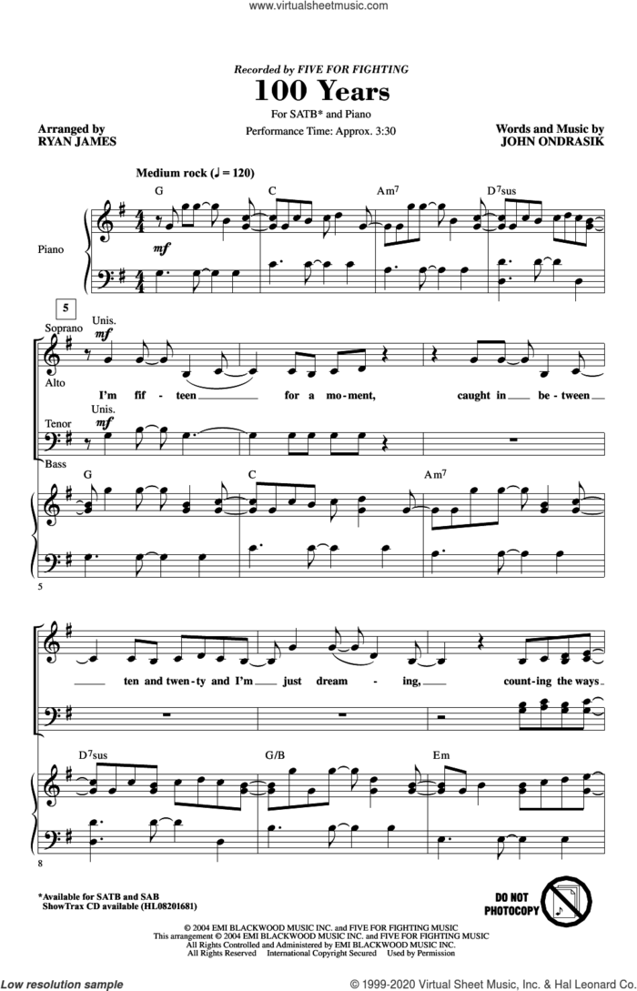 100 Years (arr. Ryan James) sheet music for choir (SATB: soprano, alto, tenor, bass) by Five For Fighting, Ryan James and John Ondrasik, intermediate skill level