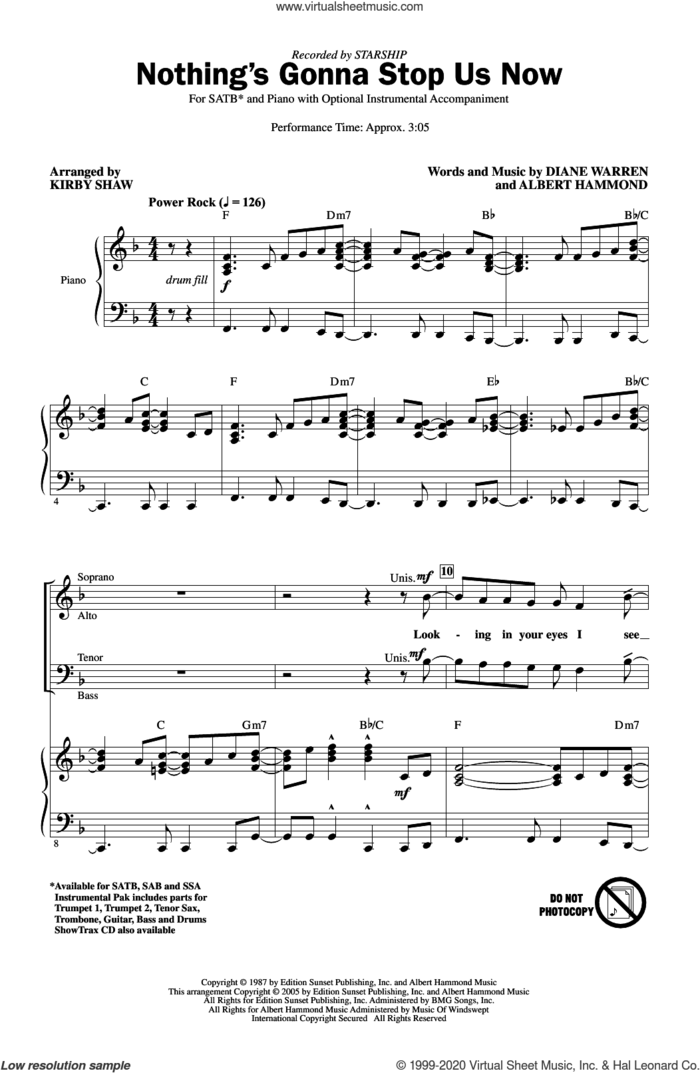 Nothing's Gonna Stop Us Now (arr. Kirby Shaw) sheet music for choir (SATB: soprano, alto, tenor, bass) by Starship, Kirby Shaw, Albert Hammond and Diane Warren, intermediate skill level