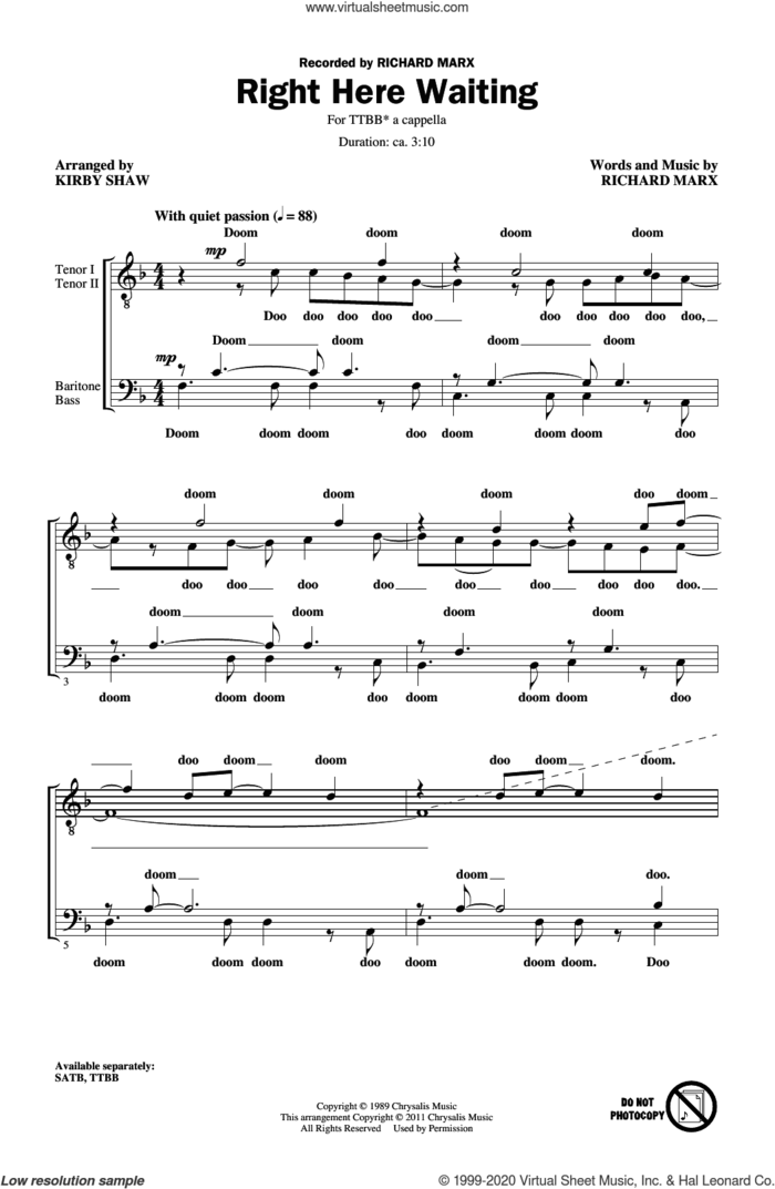 Right Here Waiting (arr. Kirby Shaw) sheet music for choir (TTBB: tenor, bass) by Richard Marx and Kirby Shaw, intermediate skill level