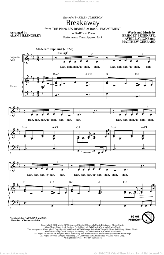 Breakaway (arr. Alan Billingsley) sheet music for choir (SAB: soprano, alto, bass) by Kelly Clarkson, Alan Billingsley, Avril Lavigne, Bridget Benenate and Matthew Gerrard, intermediate skill level