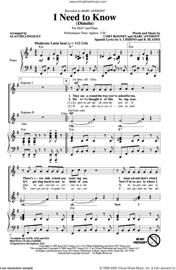 I Need To Know (Dimelo) (arr. Alan Billingsley) sheet music for choir (SSA: soprano, alto) by Marc Anthony, Alan Billingsley, A. Chirino, Cory Rooney and R. Blades, intermediate skill level