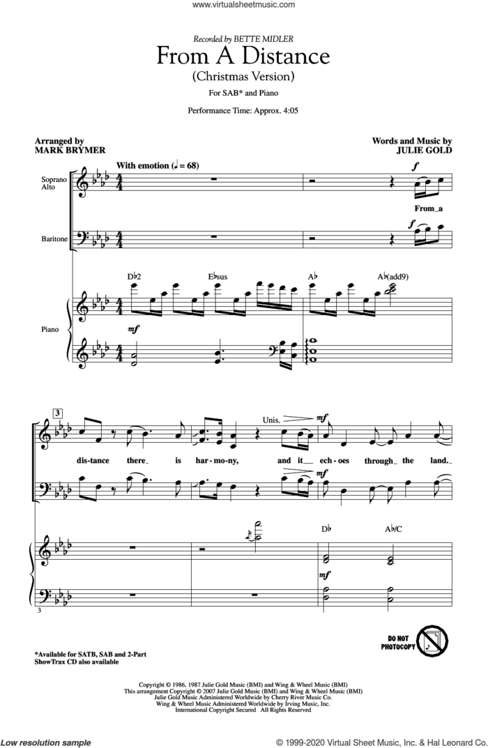 From A Distance (Christmas Version) (arr. Mark Brymer) sheet music for choir (SAB: soprano, alto, bass) by Bette Midler, Mark Brymer and Julie Gold, intermediate skill level