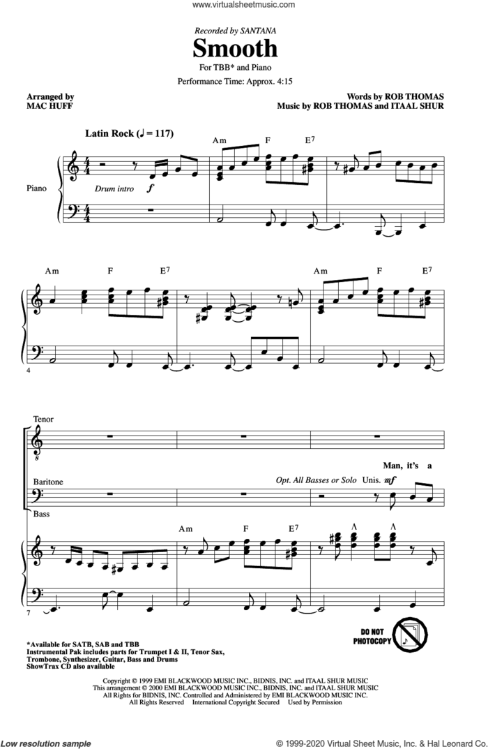 Smooth (arr. Mac Huff) sheet music for choir (TBB: tenor, bass) by Rob Thomas, Mac Huff, Carlos Santana and Itaal Shur, intermediate skill level