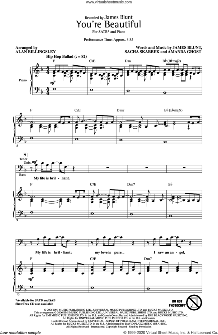 You're Beautiful (arr. Alan Billingsley) sheet music for choir (SATB: soprano, alto, tenor, bass) by James Blunt, Alan Billingsley, Amanda Ghost and Sacha Skarbek, intermediate skill level