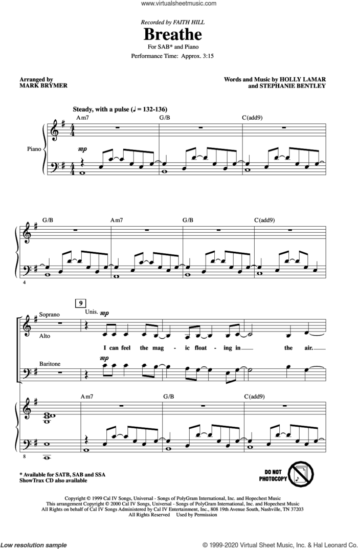 Breathe (arr. Mark Brymer) sheet music for choir (SAB: soprano, alto, bass) by Faith Hill, Mark Brymer, Holly Lamar and Stephanie Bentley, intermediate skill level