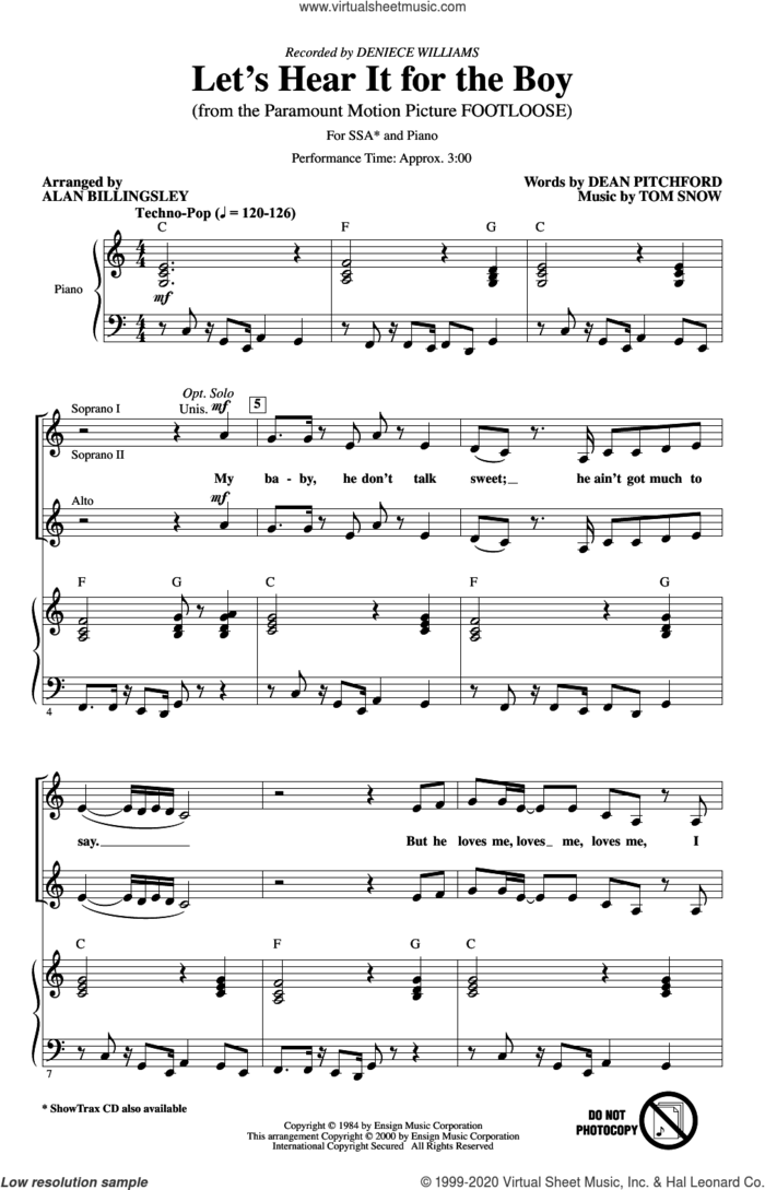 Let's Hear It For The Boy (from Footloose) (arr. Alan Billingsley) sheet music for choir (SSA: soprano, alto) by Deniece Williams, Alan Billingsley, Dean Pitchford and Tom Snow, intermediate skill level