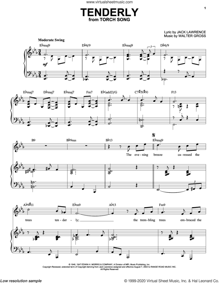 Tenderly [Jazz version] (arr. Brent Edstrom) sheet music for voice and piano (High Voice) by Jack Lawrence, Brent Edstrom, Jack Lawrence and Walter Gross and Walter Gross, intermediate skill level