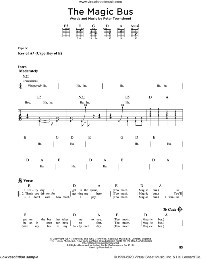 The Magic Bus sheet music for guitar solo (lead sheet) by The Who and Pete Townshend, intermediate guitar (lead sheet)
