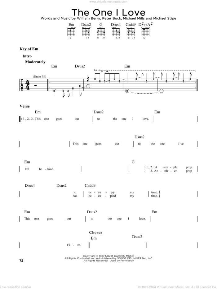 The One I Love sheet music for guitar solo (lead sheet) by R.E.M., Michael Stipe, Mike Mills, Peter Buck and William Berry, intermediate guitar (lead sheet)