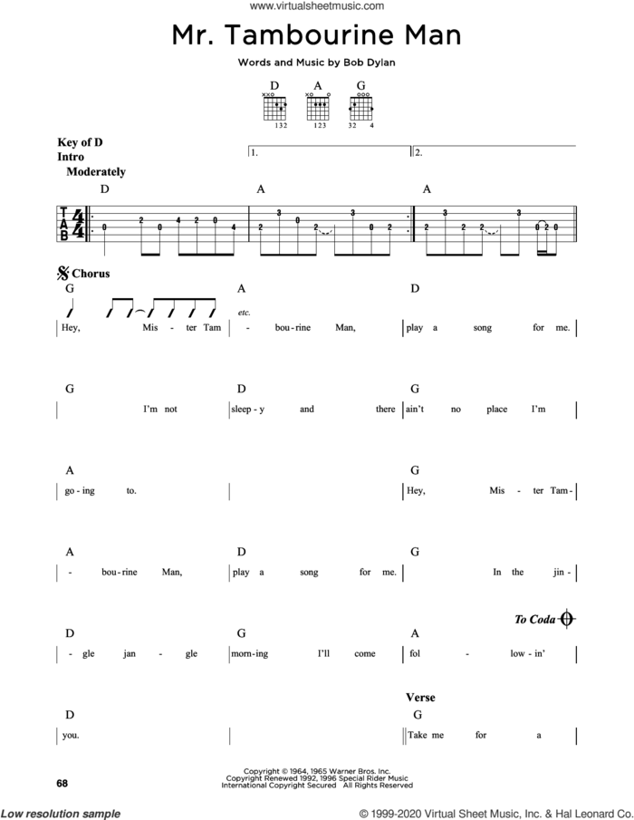 Mr. Tambourine Man sheet music for guitar solo (lead sheet) by Bob Dylan, intermediate guitar (lead sheet)