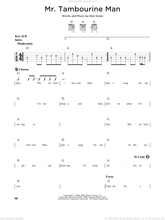 Mr. Tambourine Man sheet music for guitar solo (lead sheet) by Bob Dylan, intermediate guitar (lead sheet)