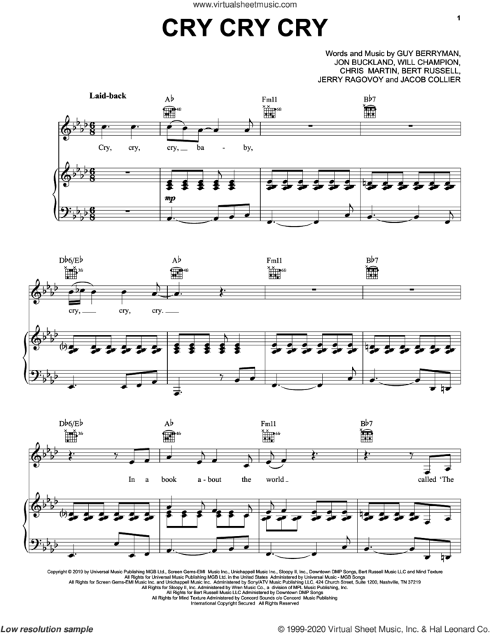 Cry Cry Cry sheet music for voice, piano or guitar by Coldplay, Bert Russell, Chris Martin, Guy Berryman, Jacob Collier, Jerry Ragovoy, Jon Buckland and Will Champion, intermediate skill level
