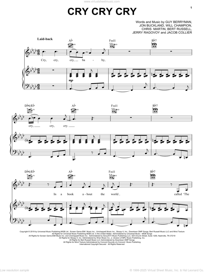 Cry Cry Cry sheet music for voice, piano or guitar by Coldplay, Bert Russell, Chris Martin, Guy Berryman, Jacob Collier, Jerry Ragovoy, Jon Buckland and Will Champion, intermediate skill level