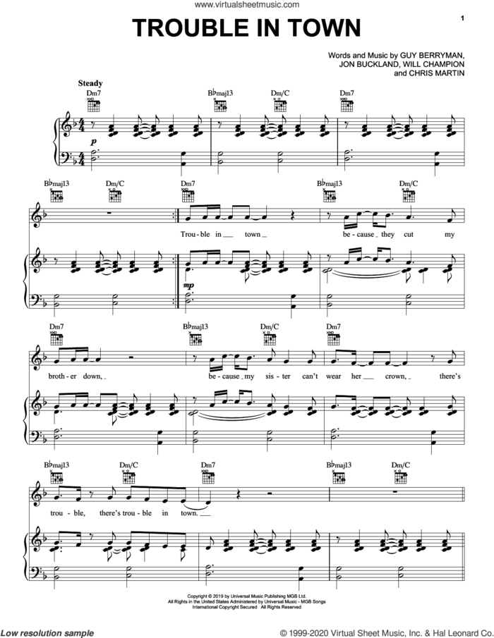 Trouble In Town sheet music for voice, piano or guitar by Coldplay, Chris Martin, Guy Berryman, Jon Buckland and Will Champion, intermediate skill level