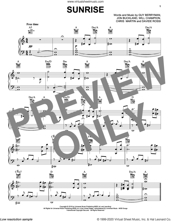 Sunrise sheet music for voice, piano or guitar by Coldplay, Chris Martin, Davide Rossi, Guy Berryman, Jon Buckland and Will Champion, intermediate skill level