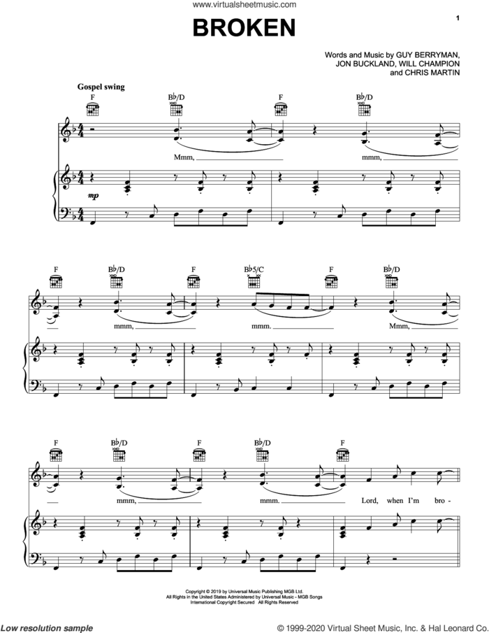 Broken sheet music for voice, piano or guitar by Coldplay, Chris Martin, Guy Berryman, Jon Buckland and Will Champion, intermediate skill level