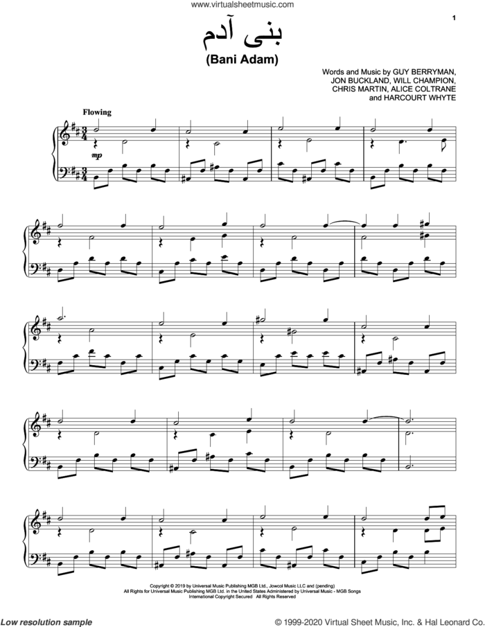 Bani Adam sheet music for voice, piano or guitar by Coldplay, Alice Coltrane, Chris Martin, Guy Berryman, Harcourt Whyte, Jon Buckland and Will Champion, intermediate skill level