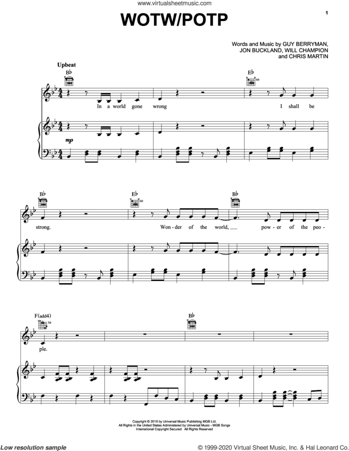 WOTW / POTP sheet music for voice, piano or guitar by Coldplay, Chris Martin, Guy Berryman, Jon Buckland and Will Champion, intermediate skill level