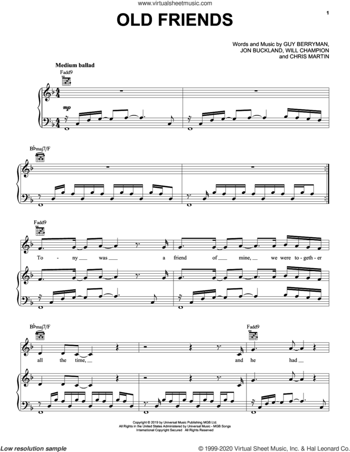 Old Friends sheet music for voice, piano or guitar by Coldplay, Chris Martin, Guy Berryman, Jon Buckland and Will Champion, intermediate skill level