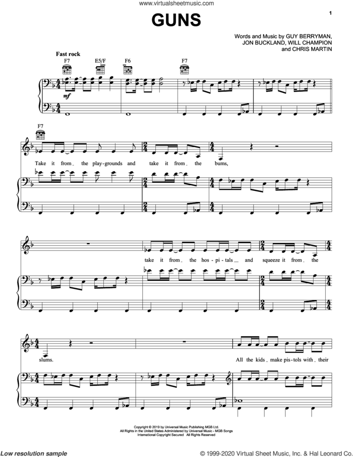 Guns sheet music for voice, piano or guitar by Coldplay, Chris Martin, Guy Berryman, Jon Buckland and Will Champion, intermediate skill level