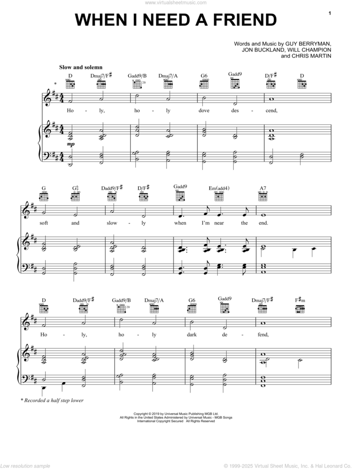 When I Need A Friend sheet music for voice, piano or guitar by Coldplay, Chris Martin, Guy Berryman, Jon Buckland and Will Champion, intermediate skill level