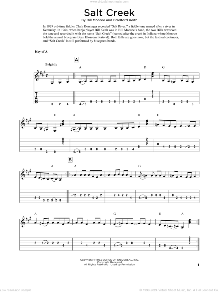 Salt Creek (arr. Fred Sokolow) sheet music for guitar solo by Bill Monroe, Fred Sokolow and Bradford Keith, intermediate skill level