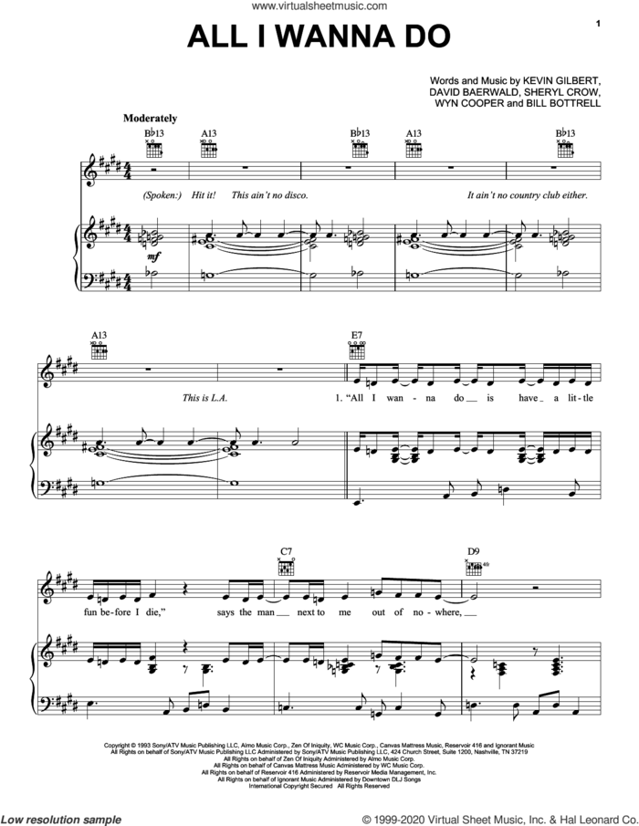 All I Wanna Do sheet music for voice, piano or guitar by Sheryl Crow, Bill Bottrell, David Baerwald, Kevin Gilbert and Wyn Cooper, intermediate skill level