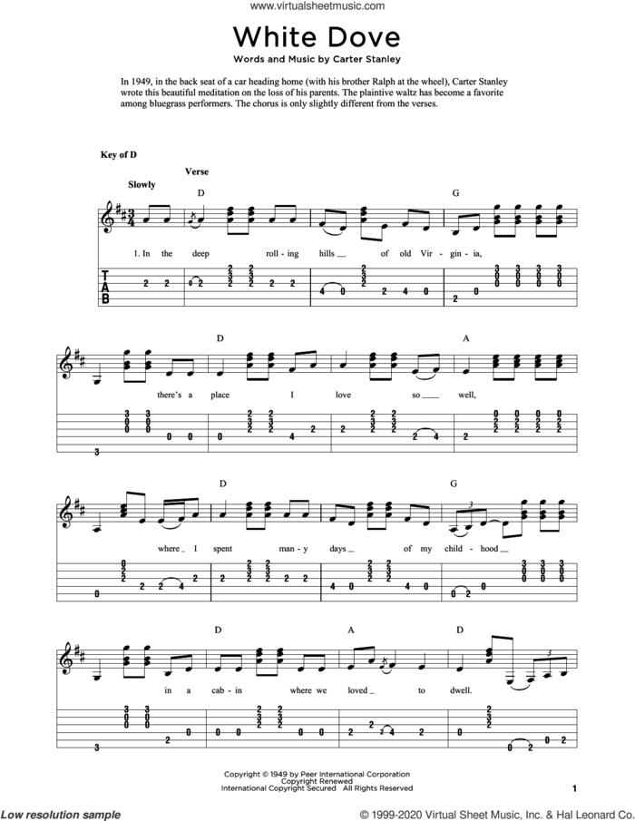 White Dove (arr. Fred Sokolow) sheet music for guitar solo by The Stanley Brothers, Fred Sokolow and Carter Stanley, intermediate skill level