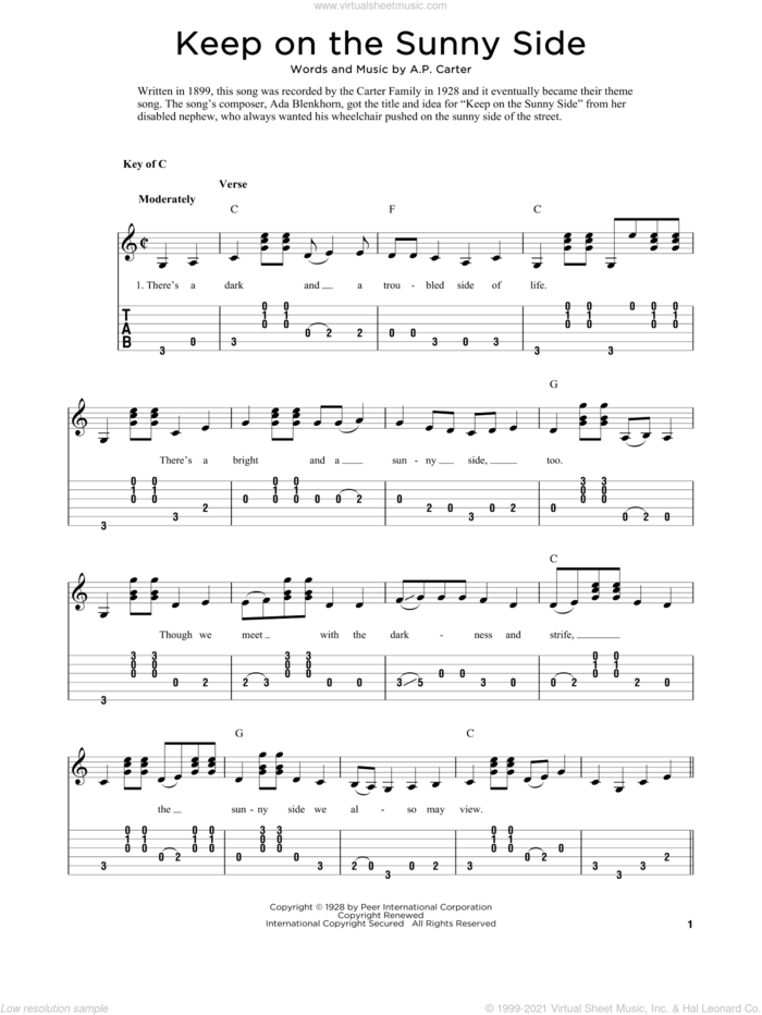 Keep On The Sunny Side (arr. Fred Sokolow) sheet music for guitar solo by The Carter Family, Fred Sokolow and A.P. Carter, intermediate skill level