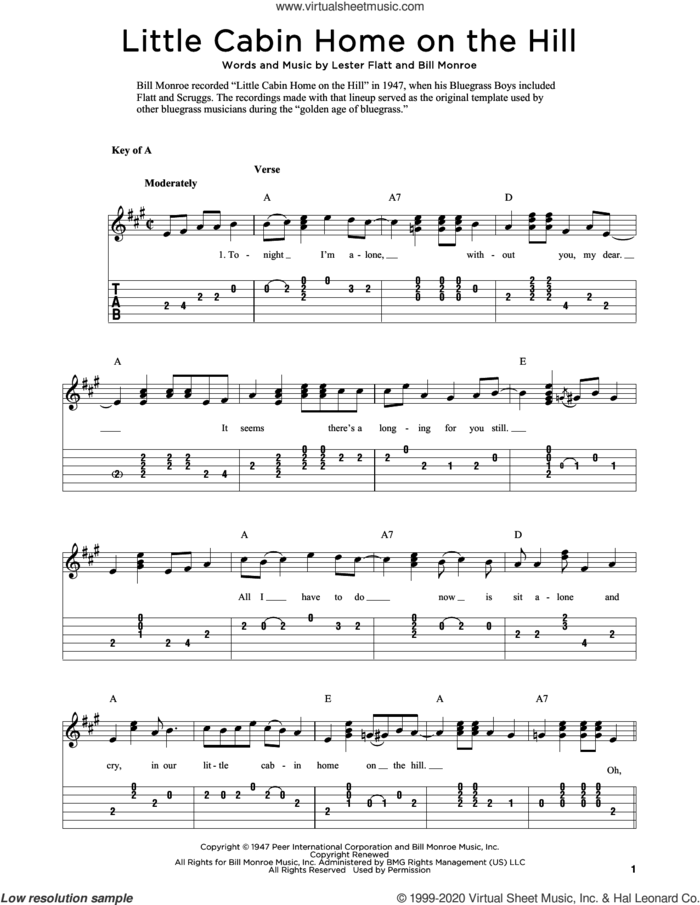 Little Cabin Home On The Hill (arr. Fred Sokolow) sheet music for guitar solo by Bill Monroe, Fred Sokolow and Lester Flatt, intermediate skill level