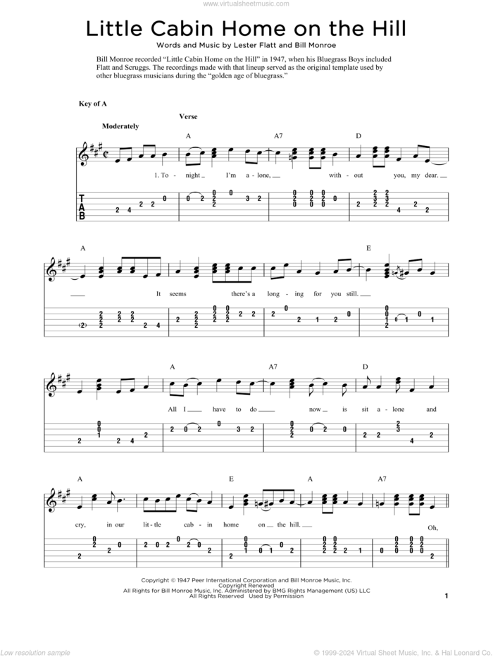 Little Cabin Home On The Hill (arr. Fred Sokolow) sheet music for guitar solo by Bill Monroe, Fred Sokolow and Lester Flatt, intermediate skill level