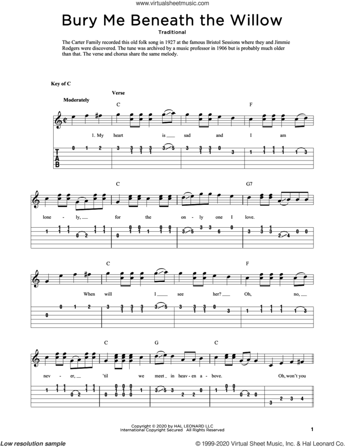 Bury Me Beneath The Willow (arr. Fred Sokolow) sheet music for guitar solo  and Fred Sokolow, intermediate skill level