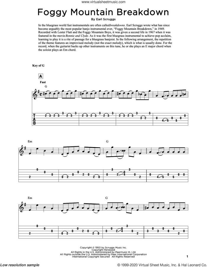 Foggy Mountain Breakdown (arr. Fred Sokolow) sheet music for guitar solo by Lester Flatt & Earl Scruggs, Fred Sokolow and Earl Scruggs, intermediate skill level