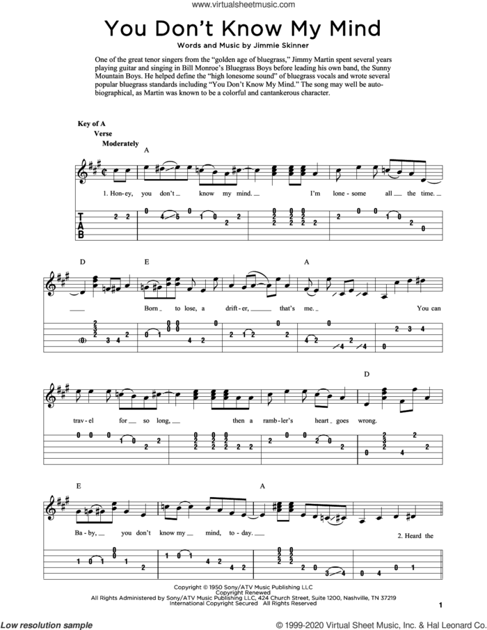 You Don't Know My Mind (arr. Fred Sokolow) sheet music for guitar solo by Jimmie Skinner and Fred Sokolow, intermediate skill level