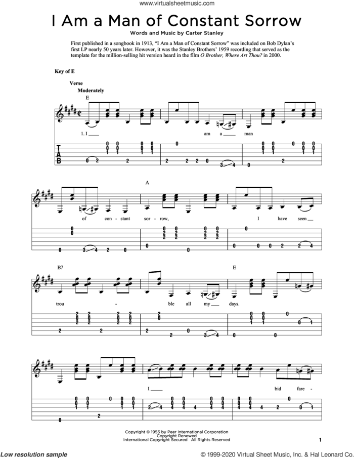 I Am A Man Of Constant Sorrow (arr. Fred Sokolow) sheet music for guitar solo by The Soggy Bottom Boys, Fred Sokolow and Carter Stanley, intermediate skill level