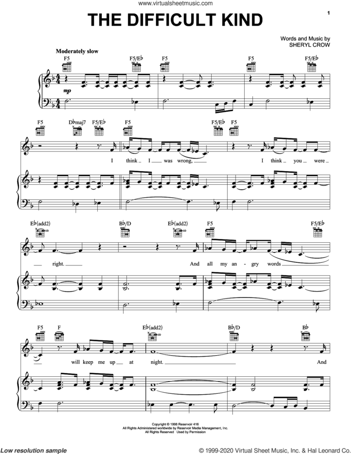 The Difficult Kind sheet music for voice, piano or guitar by Sheryl Crow, intermediate skill level