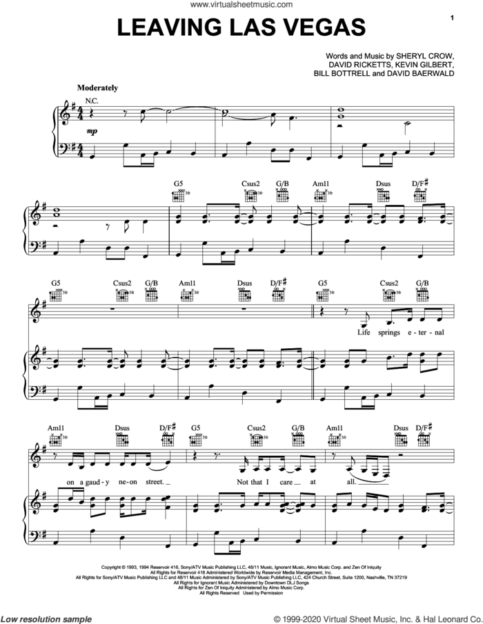 Leaving Las Vegas sheet music for voice, piano or guitar by Sheryl Crow, Bill Bottrell, David Baerwald, David Ricketts and Kevin Gilbert, intermediate skill level