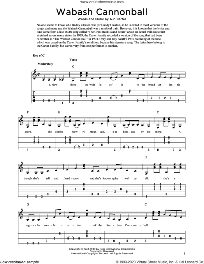 Wabash Cannonball (arr. Fred Sokolow) sheet music for guitar solo by The Carter Family, Fred Sokolow and A.P. Carter, intermediate skill level