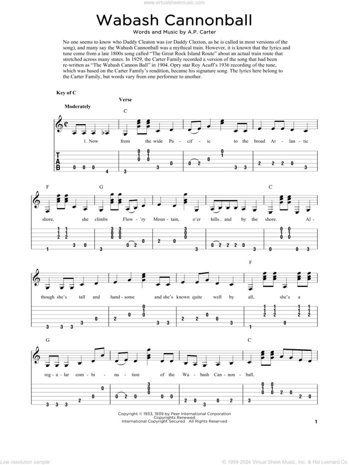 Wabash Cannonball (arr. Fred Sokolow) sheet music for guitar solo by The Carter Family, Fred Sokolow and A.P. Carter, intermediate skill level