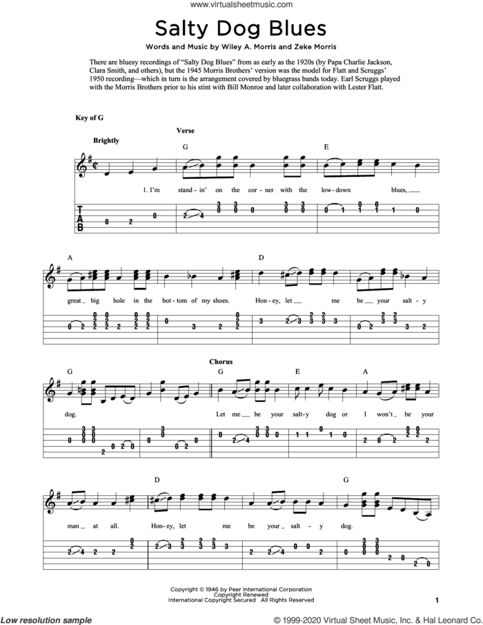 Salty Dog Blues (arr. Fred Sokolow) sheet music for guitar solo by The Morris Brothers, Fred Sokolow, Wiley A. Morris and Zeke Morris, intermediate skill level