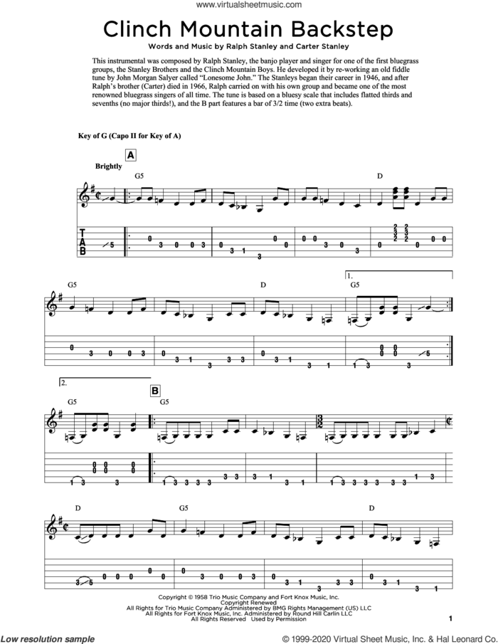 Clinch Mountain Backstep (arr. Fred Sokolow) sheet music for guitar solo by The Stanley Brothers, Fred Sokolow and Carter Stanley, intermediate skill level