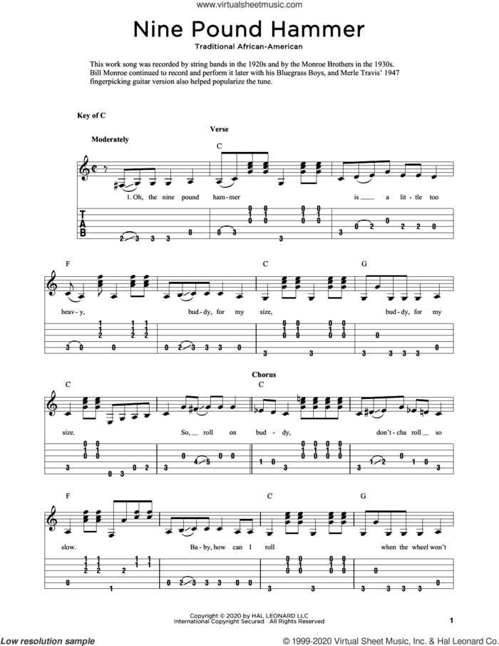Nine Pound Hammer (arr. Fred Sokolow) sheet music for guitar solo by Traditional African-American and Fred Sokolow, intermediate skill level