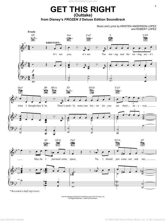 Get This Right - Outtake (from Disney's Frozen 2) sheet music for voice, piano or guitar by Jonathan Groff & Kristen Bell, Kristen Anderson-Lopez and Robert Lopez, intermediate skill level