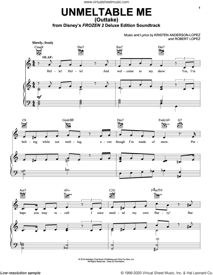 Unmeltable Me - Outtake (from Disney's Frozen 2) sheet music for voice, piano or guitar by Josh Gad, Kristen Anderson-Lopez and Robert Lopez, intermediate skill level