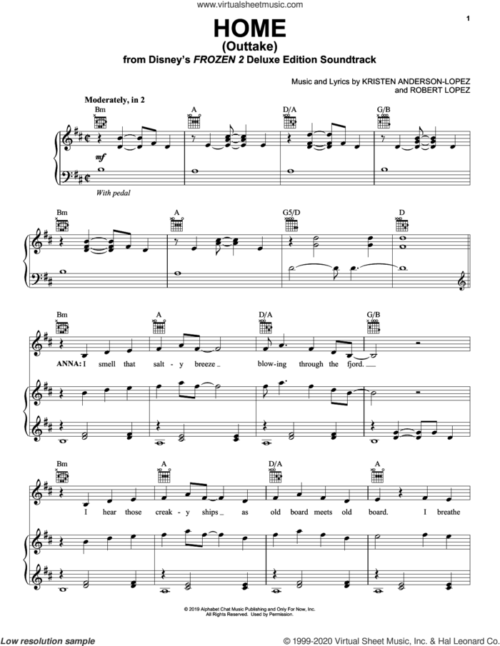 Home - Outtake (from Disney's Frozen 2) sheet music for voice, piano or guitar by Kristen Bell, Kristen Anderson-Lopez and Robert Lopez, intermediate skill level