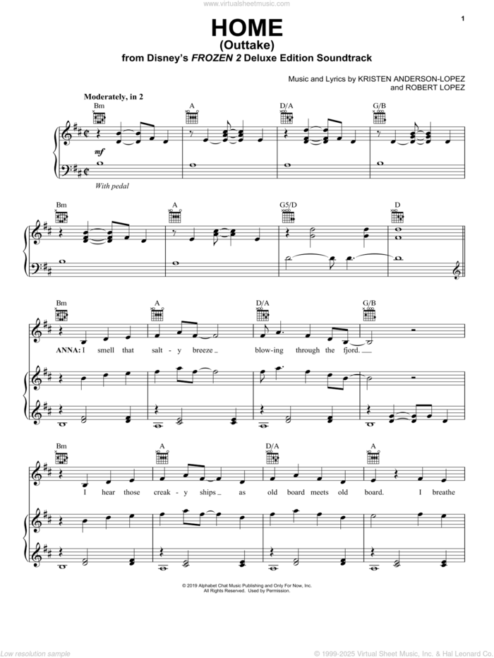 Home - Outtake (from Disney's Frozen 2) sheet music for voice, piano or guitar by Kristen Bell, Kristen Anderson-Lopez and Robert Lopez, intermediate skill level