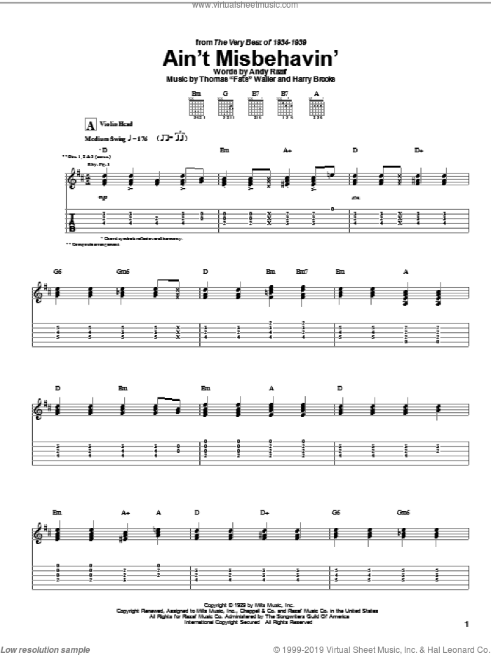 Ain't Misbehavin' sheet music for guitar (tablature) by Django Reinhardt, Andy Razaf, Thomas Waller and Harry Brooks, intermediate skill level